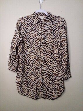 Khakis & Co Shirt Women S Button Down 3/4 Sleeve Animal Print Tan Black